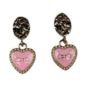 NTW Heart-Shaped Pink "Love" Dangle Earrings With Textured Gold-Tone Top